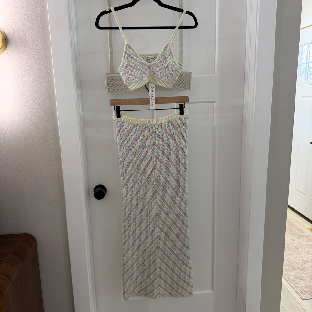 For Love & Lemons Knit Set‎ Corinna Bralette Bette Midi Skirt Pastel Chevron S